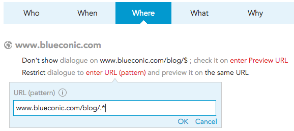 how to show or hide content based on URL of the page in BlueConic