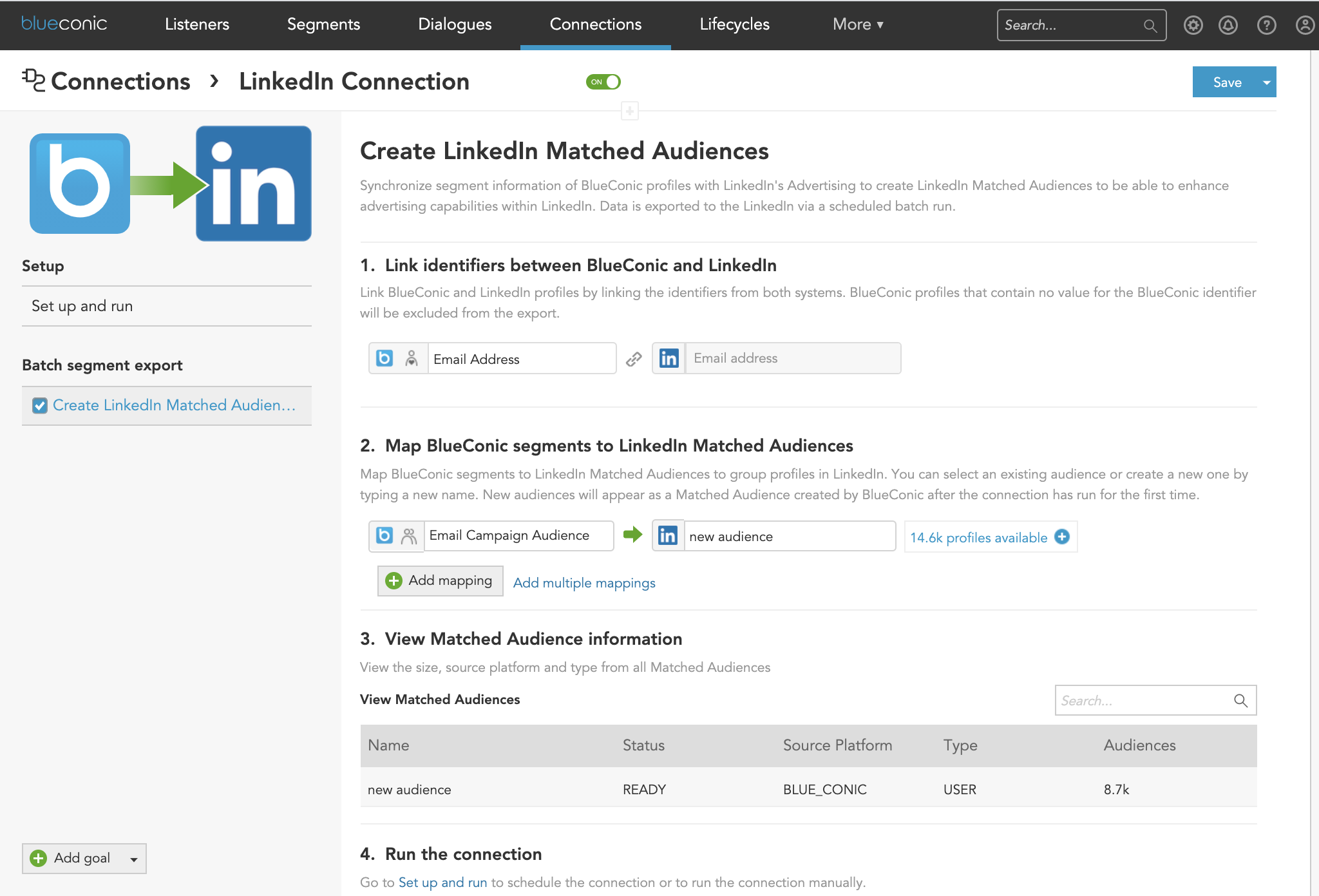 Does the BlueConic CDP connect customer profile data with LinkedIn to create matched audiences?