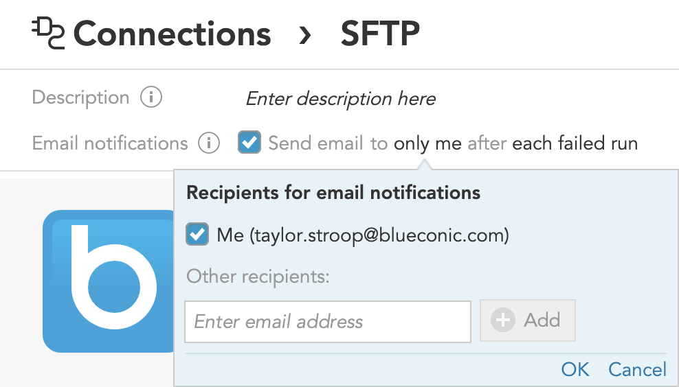 Does BlueConic send email notifications for connections and AI notebooks?