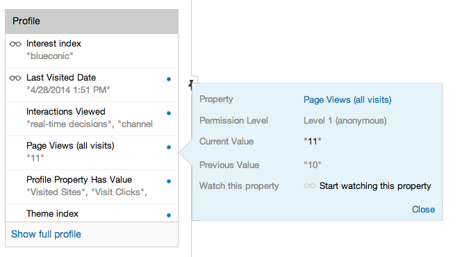 How do I see a profile property in the BlueConic site Simulator?