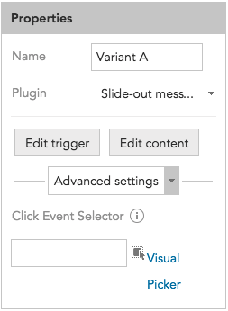 How to adjust Advanced settings and Click Event Selectors for Slide-out dialogues and messages in BlueConic
