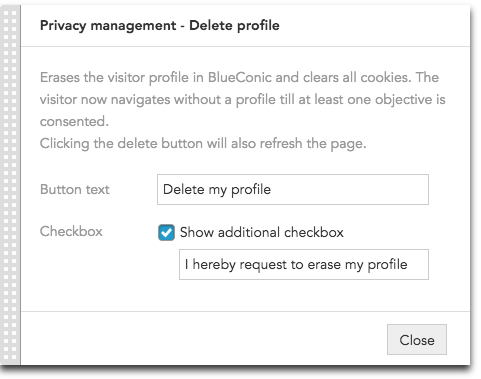 How do I let consumers delete BlueConic profiles to comply with GDPR and CCPA privacy regulations?