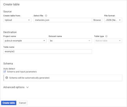 How to create a new table in Google BigQuery using BlueConic data streaming?