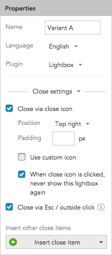 How to edit close settings for a content overlay lightbox in BlueConic