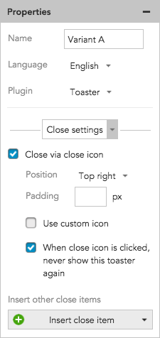 How to set Toaster slide, fade, and close settings in BlueConic