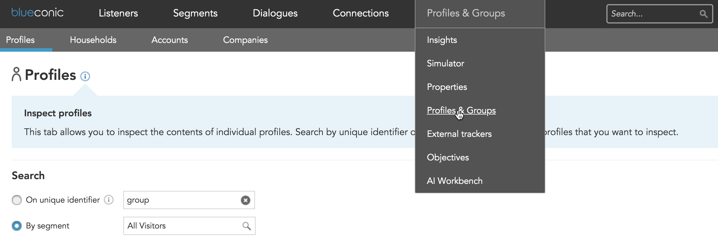 How do you associate profiles into families households accounts or company groups in BlueConic?