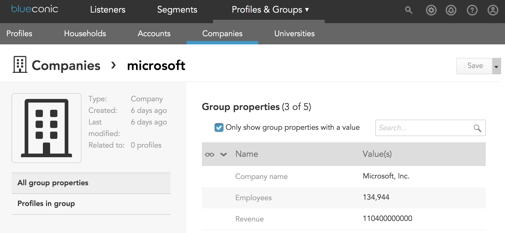 Can I create a company property to group employee profiles in a company group in BlueConic?