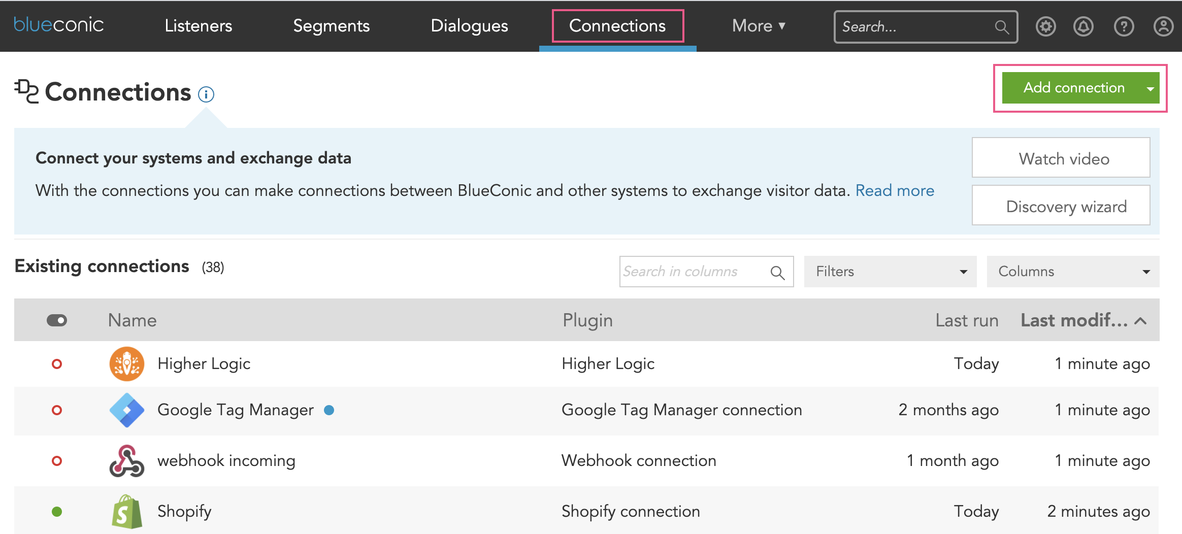 Connections Overview, showing how to create a connection in BlueConic. How do I exchange customer data with martech systems using the BlueConic customer data platform? BlueConic logo