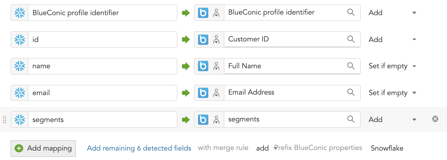 How to map data fields while importing customer data from Snowflake to the BlueConic CDP