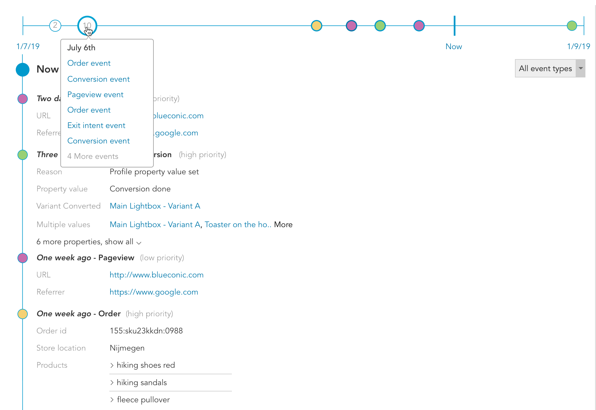 How are events stored in the BlueConic CDP using timeline events and profile properties?