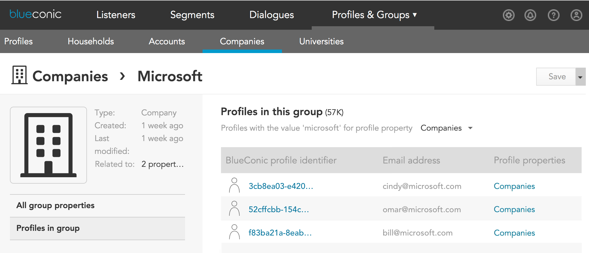 Managing CDP profile groups in BlueConic, including households, accounts, and teams